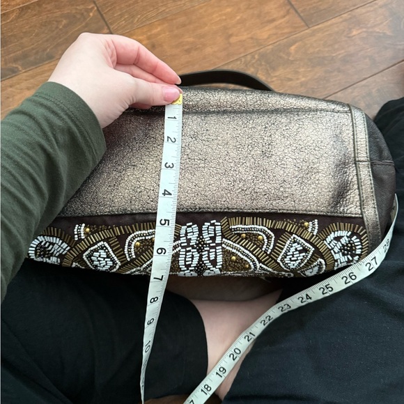Isabella Fiore Anna Beaded Shoulder Bag Bronze Metallic Leather Boho Hobo - Picture 4 of 11